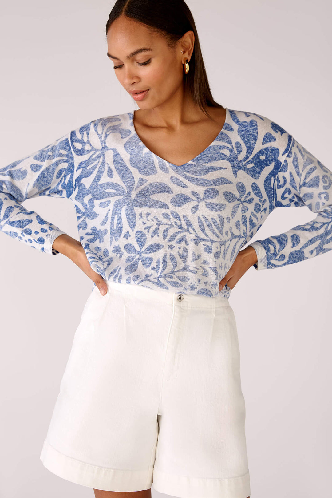 Oui 78625 White Blue Print Jumper - Olivia Grace Fashion