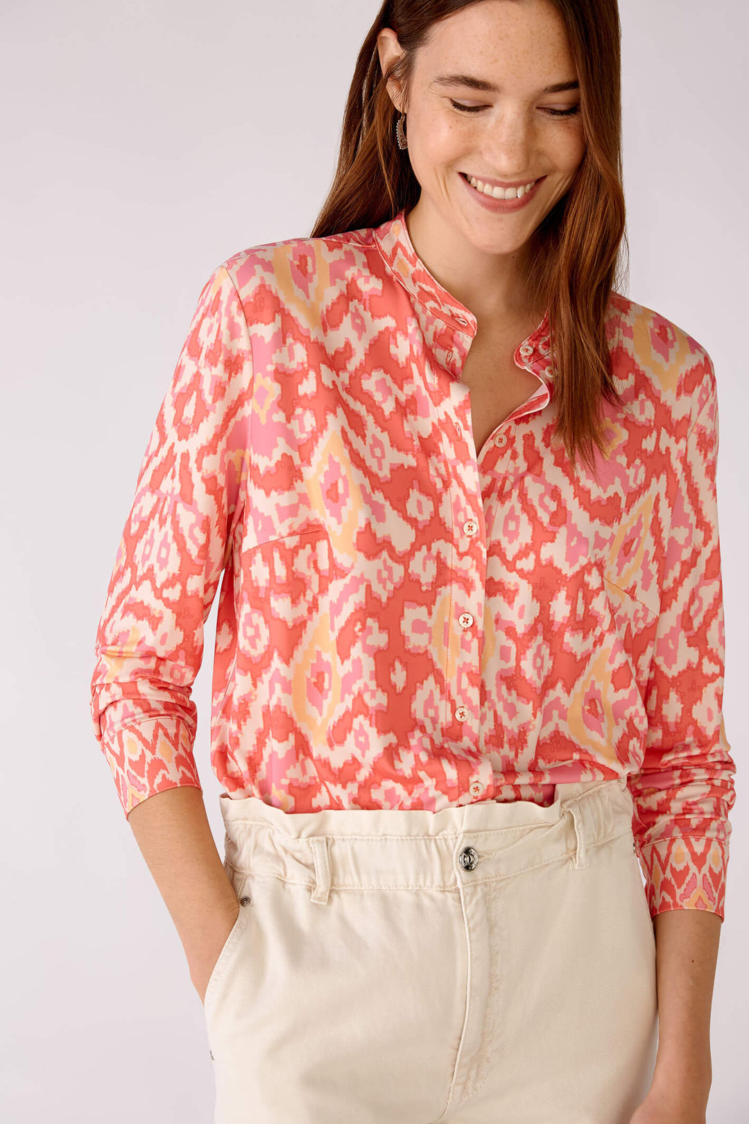 Oui 78739 Rose Orange Coral Print Blouse - Olivia Grace Fashion