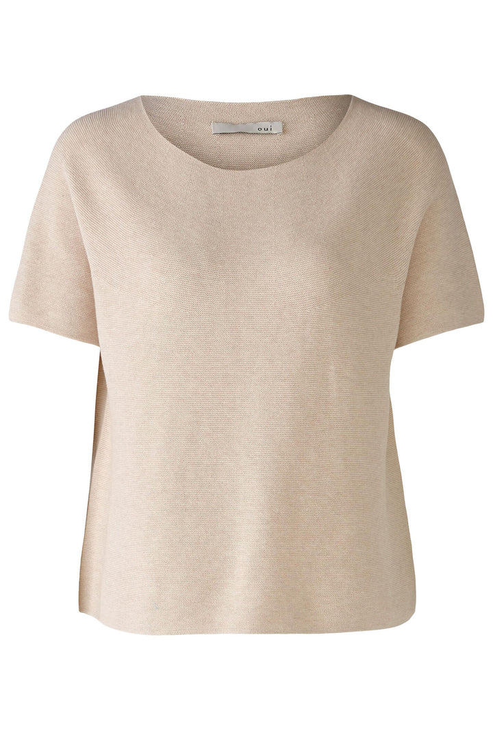 Oui 79014 Light Beige Melange Short Sleeve Wide Neck Jumper - Olivia Grace Fashion