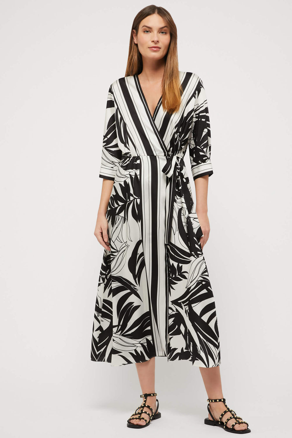 Pennyblack 12210123P Divisa Black White Leaf Print Wrap Dress - Olivia Grace Fashion