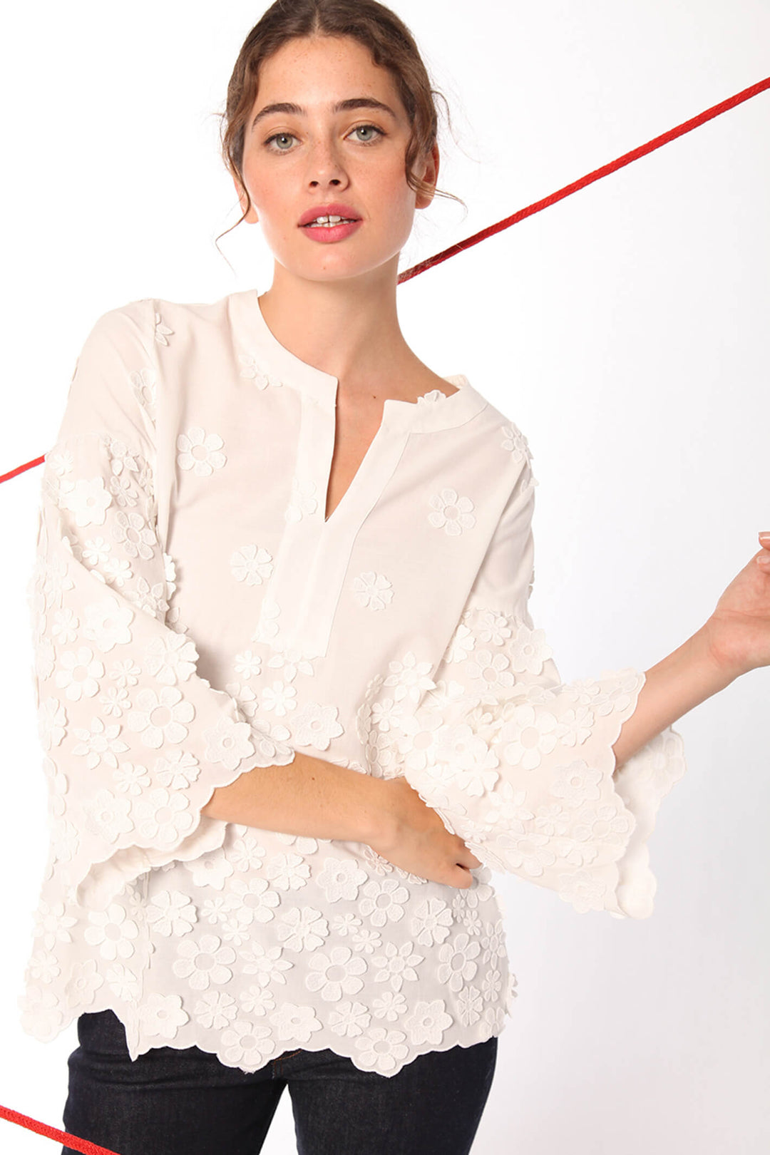 Vilagallo 30283 White Flower Split Neck Top - Olivia Grace Fashion